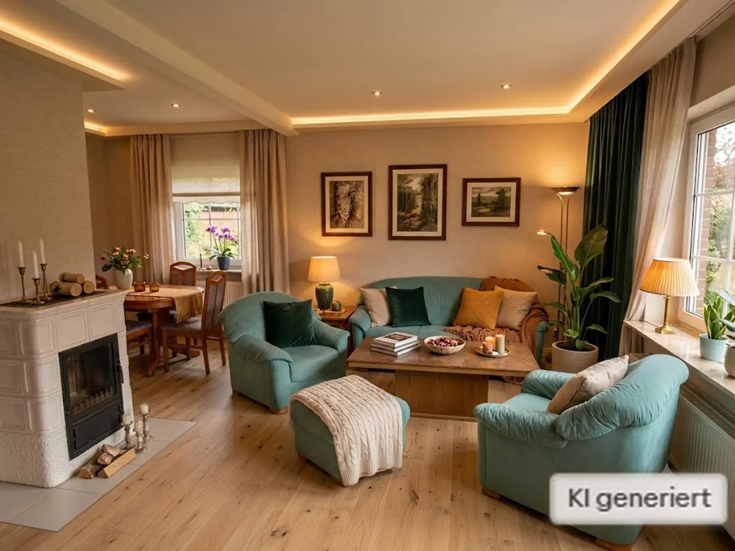 Cozy living room with teal sofa and armchairs, fireplace, wood floors, and warm lighting. Artwork adorns the walls.