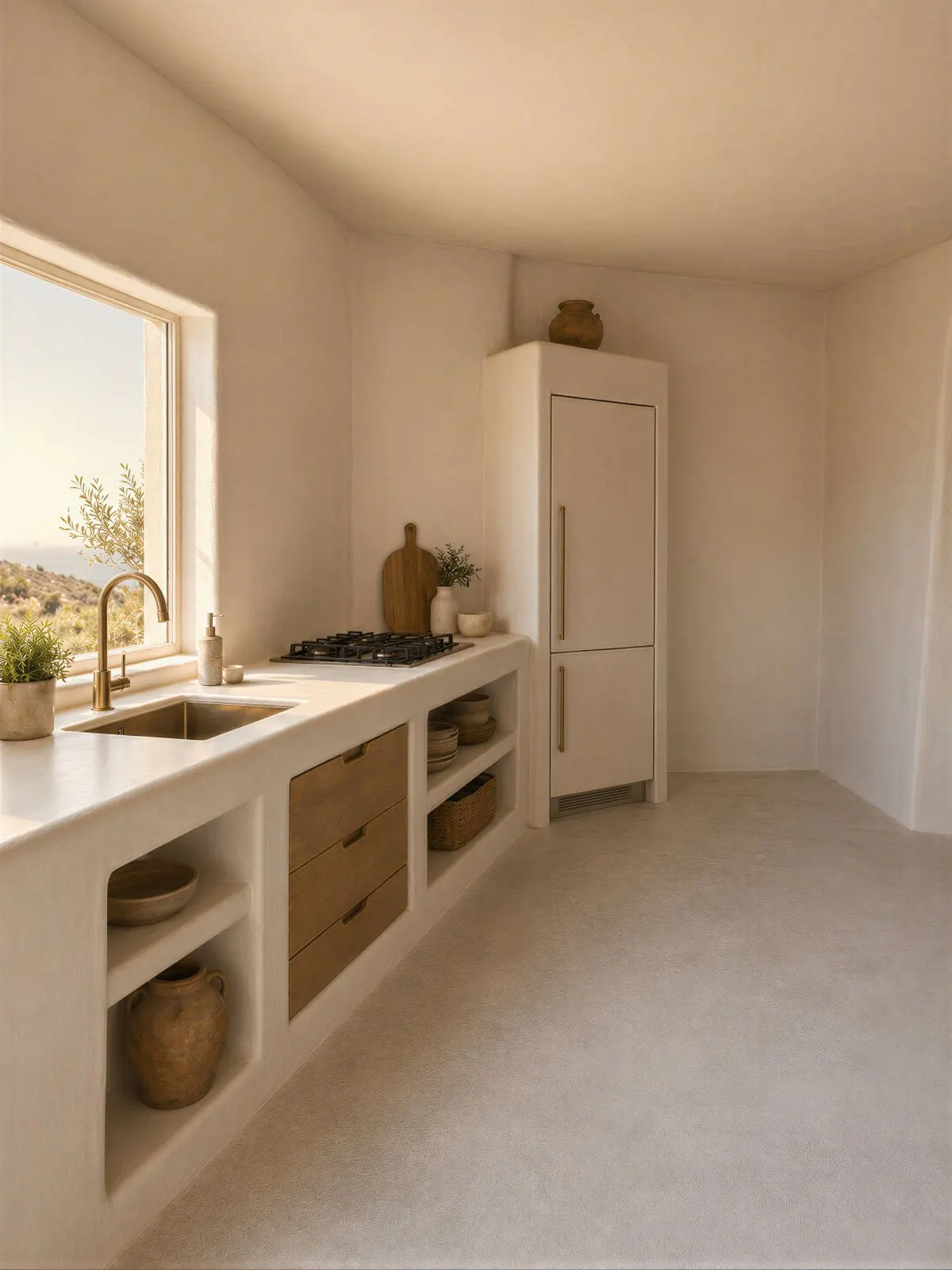 A bright, minimalist kitchen with white walls, light wood cabinets, and a window overlooking a landscape.
