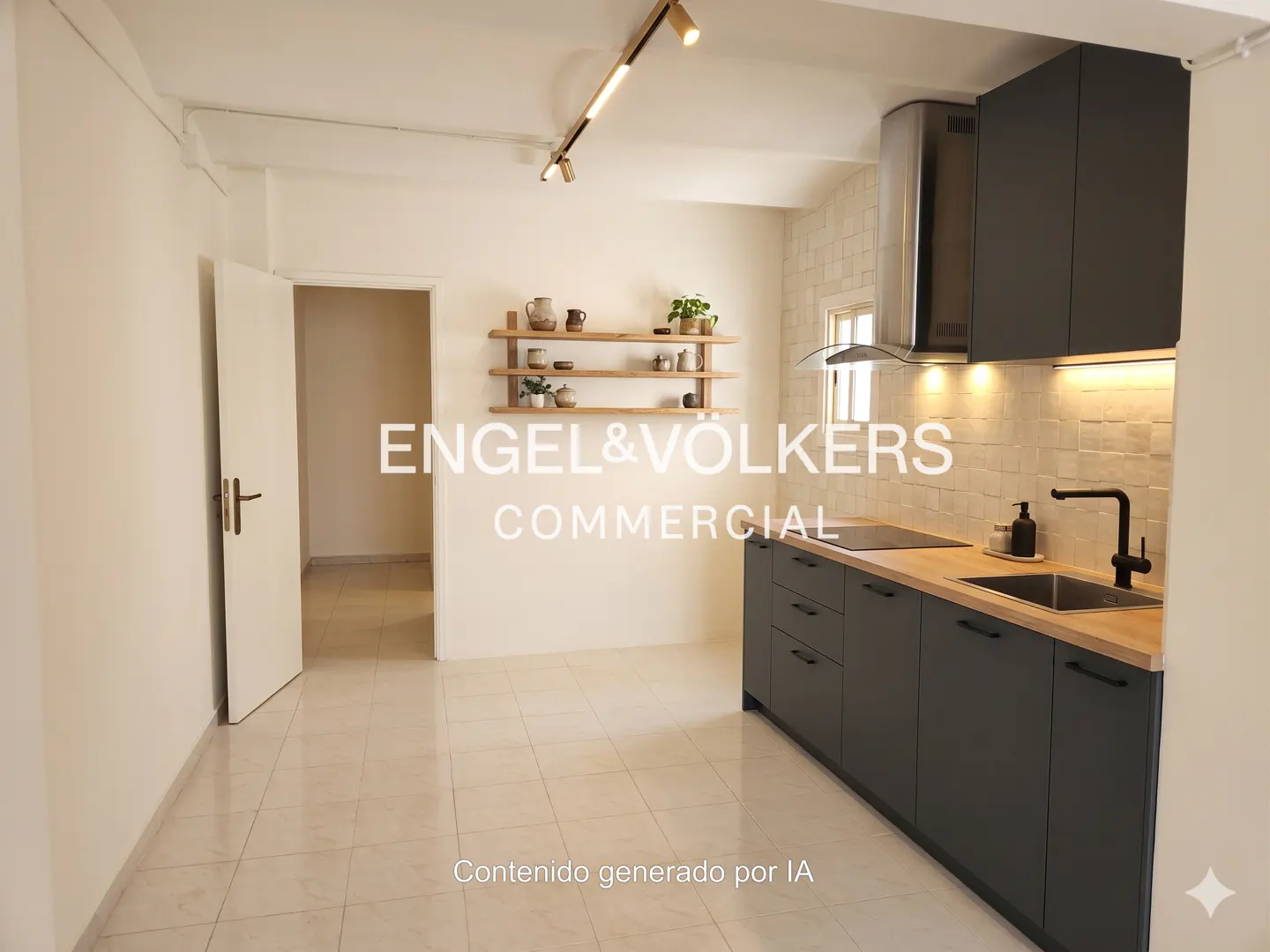 A bright kitchen with gray cabinets, a wood countertop, and a stainless steel range hood. A wooden shelf with plants and pottery is on the wall.