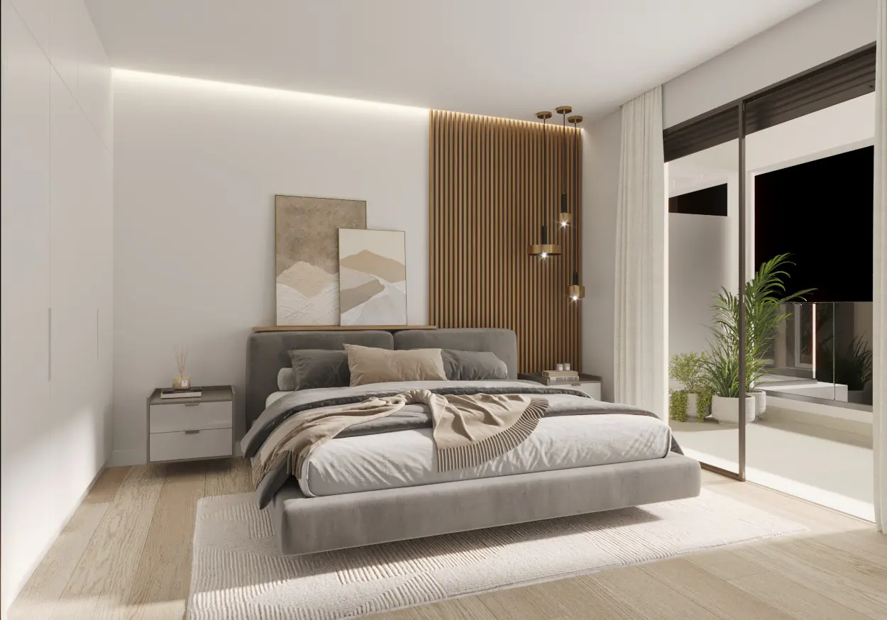 Modern bedroom with a gray bed, wood accent wall, and balcony with plants. Neutral color palette.