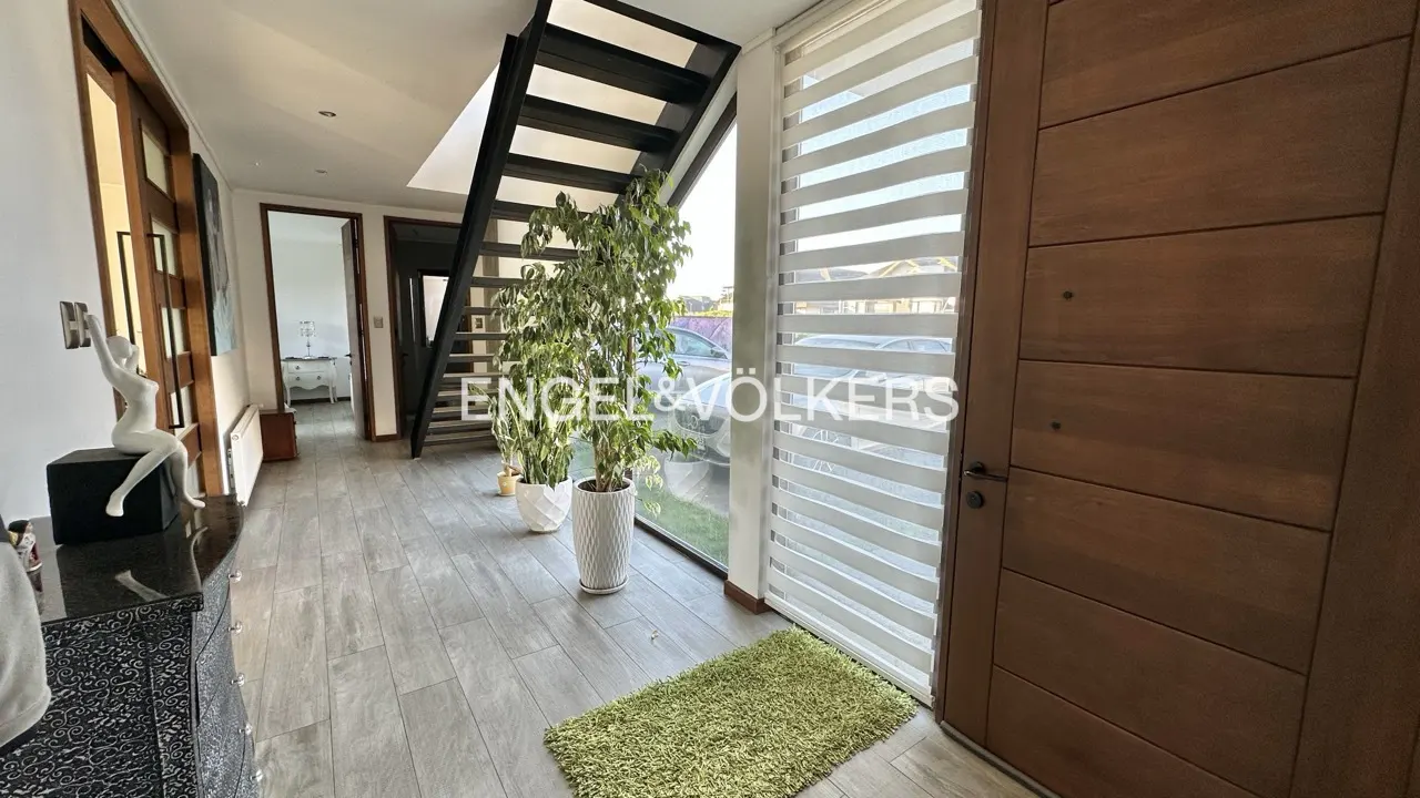 A modern home's entryway with gray wood floors, a black staircase, and a large window with blinds. Potted plants and a green rug add color.