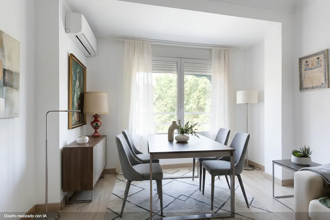 Bright dining room with a table, four gray chairs, and a geometric rug. A window with sheer curtains overlooks green trees.