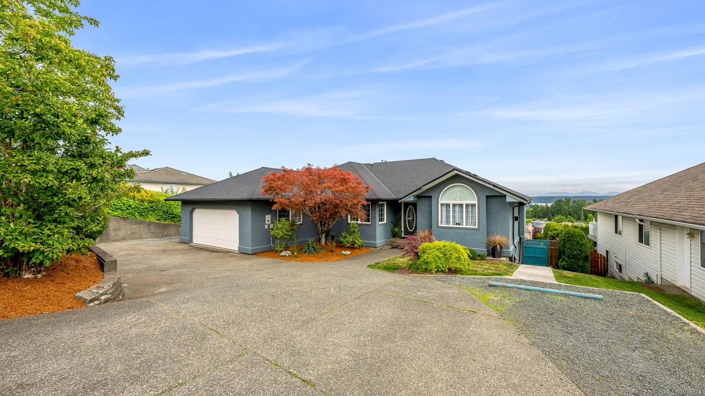 A single-story blue house with a gray roof, a white garage door, and a concrete driveway. A red tree is in the front yard.
