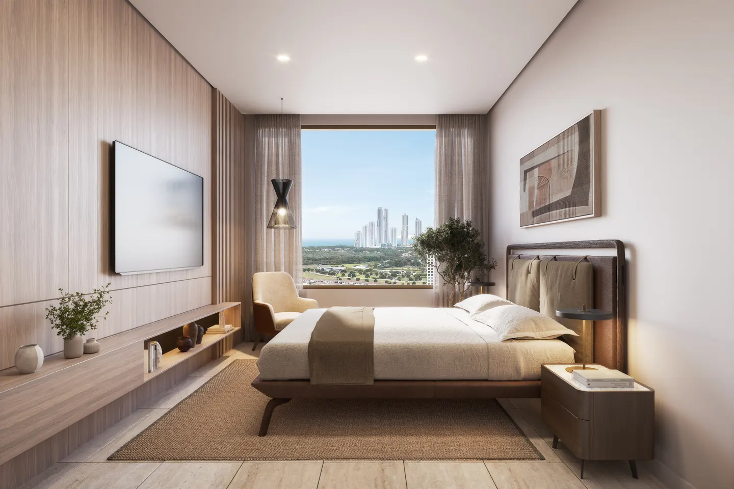 Bedroom with a wooden bed, white linens, and a view of a city skyline through a large window. A TV is mounted on the wall.