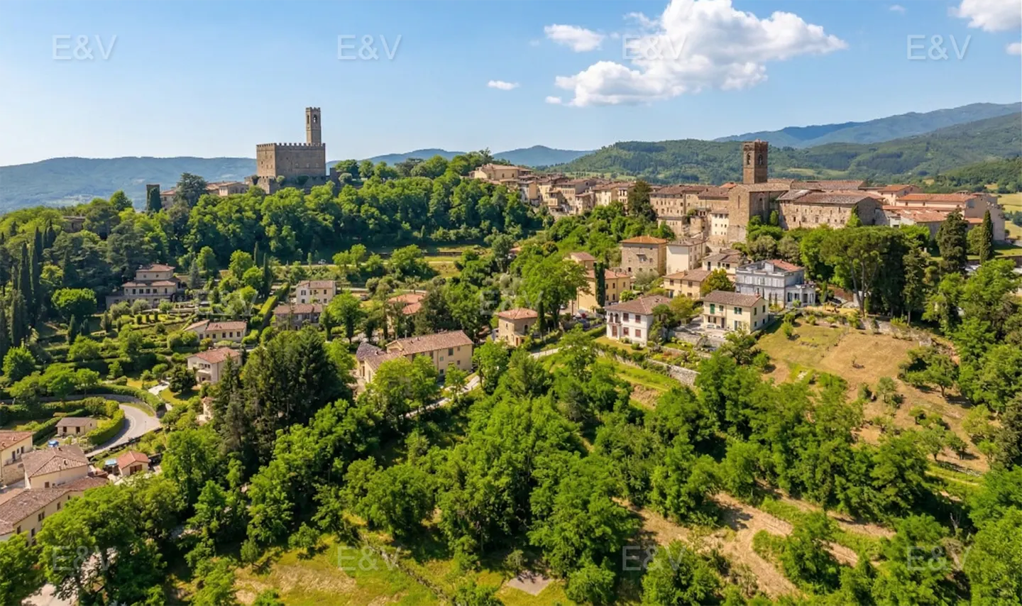 Aerial view of a Tuscan village with stone buildings, towers, and green trees under a blue sky.