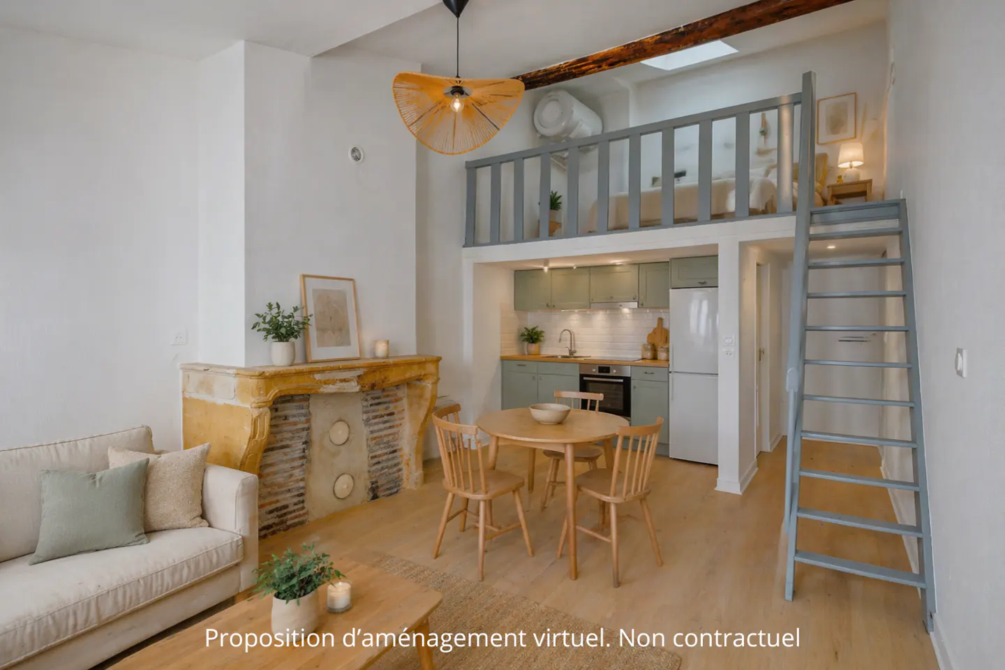 Bright apartment interior with a living area, kitchen, and loft bedroom accessed by a metal ladder. A tan sofa and fireplace are visible.