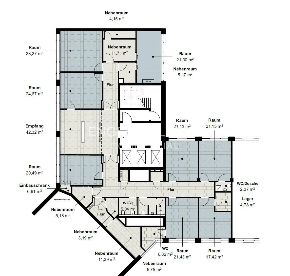 Floor plan of a commercial office space showing multiple rooms, hallways, restrooms, and storage areas with square footage.