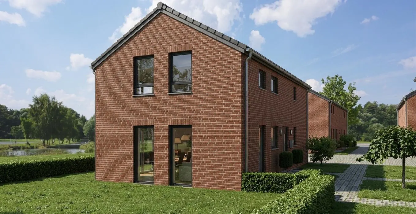 Exterior view of a two-story red brick house with black framed windows, green lawn, and blue sky.