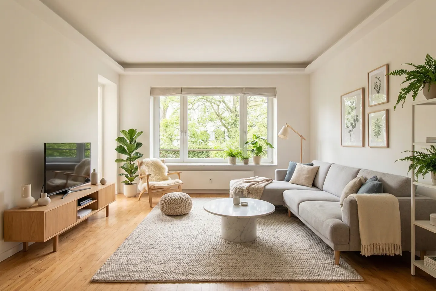 Bright, modern living room with a grey sectional sofa, marble coffee table, wooden media console, and large window.