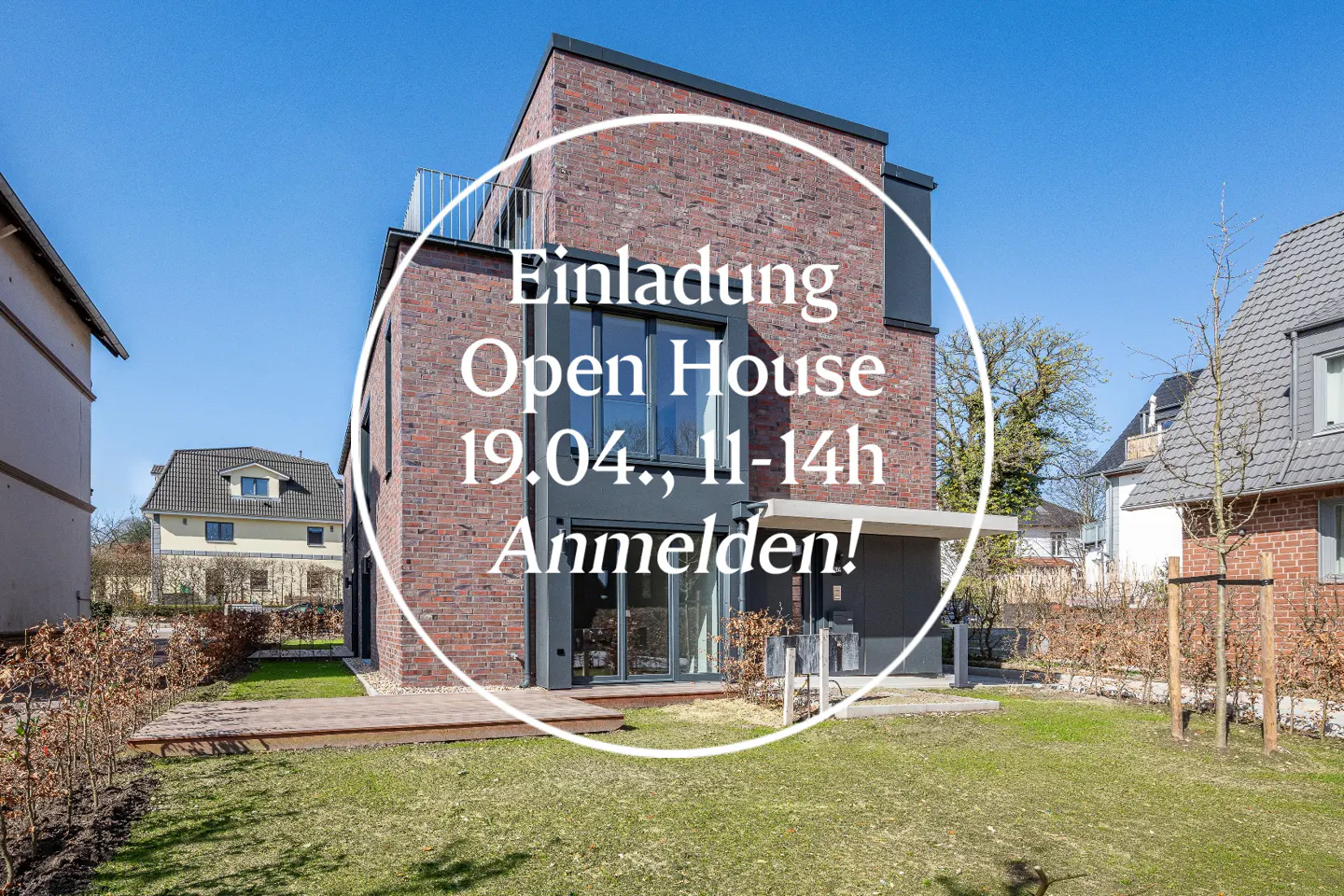 Brick house with "Open House" text overlay. Lawn and blue sky.