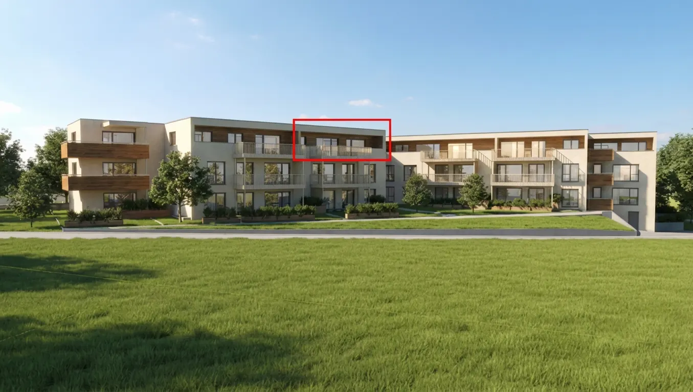 Modern apartment building with balconies and a green lawn in front. The top balcony is highlighted in red.