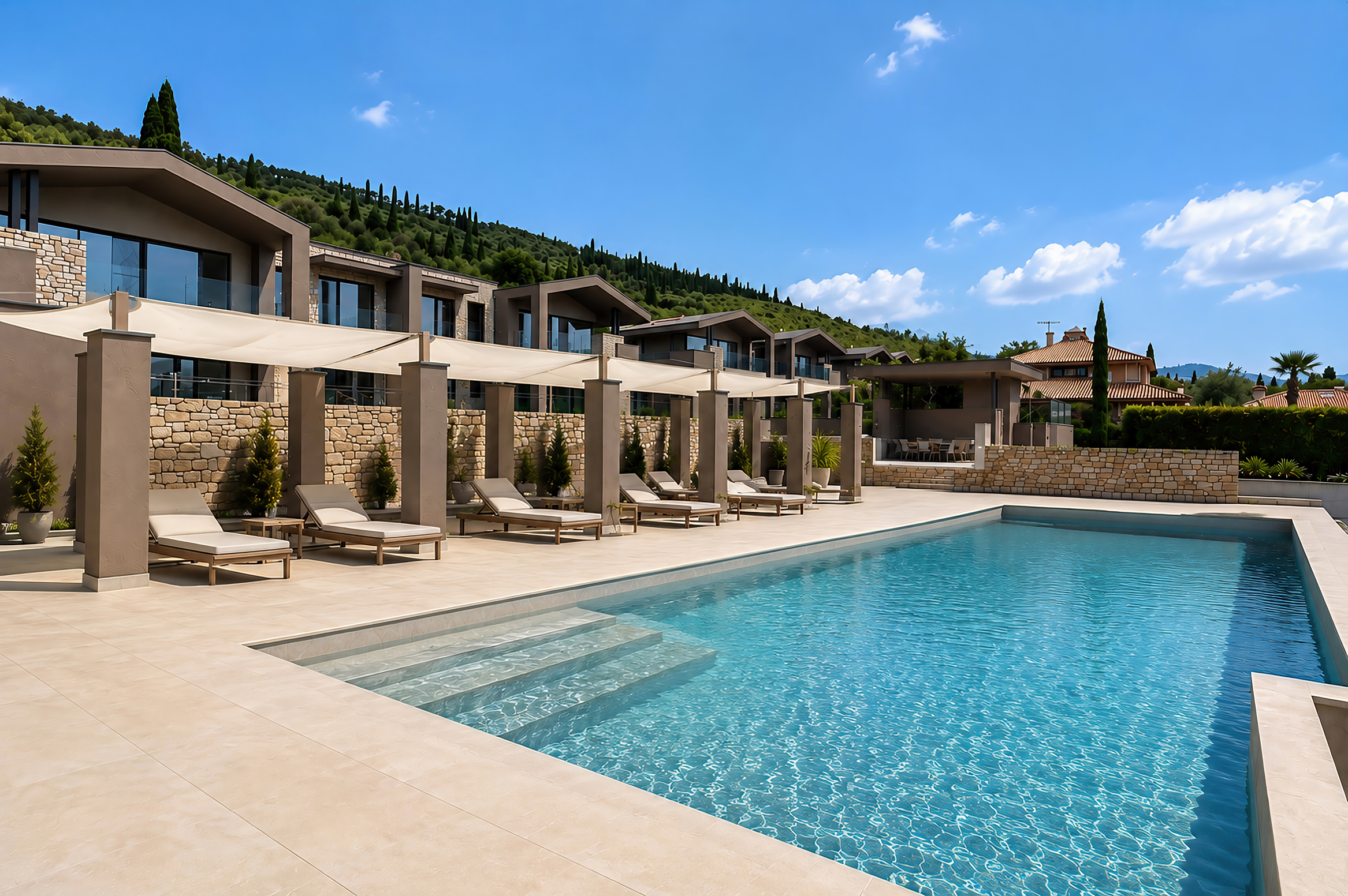 A modern villa with a swimming pool, sun loungers under a canopy, stone walls, and a hillside backdrop under a blue sky.