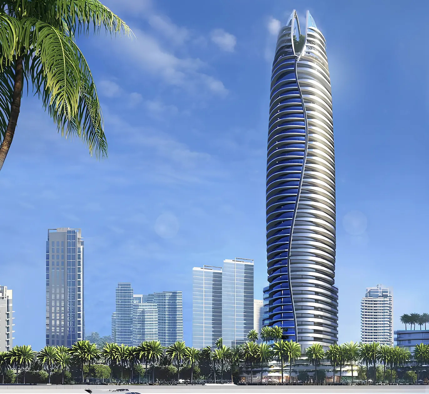 Modern, tall, cylindrical condo building with blue accents, palm trees, and other buildings in the background under a blue sky.