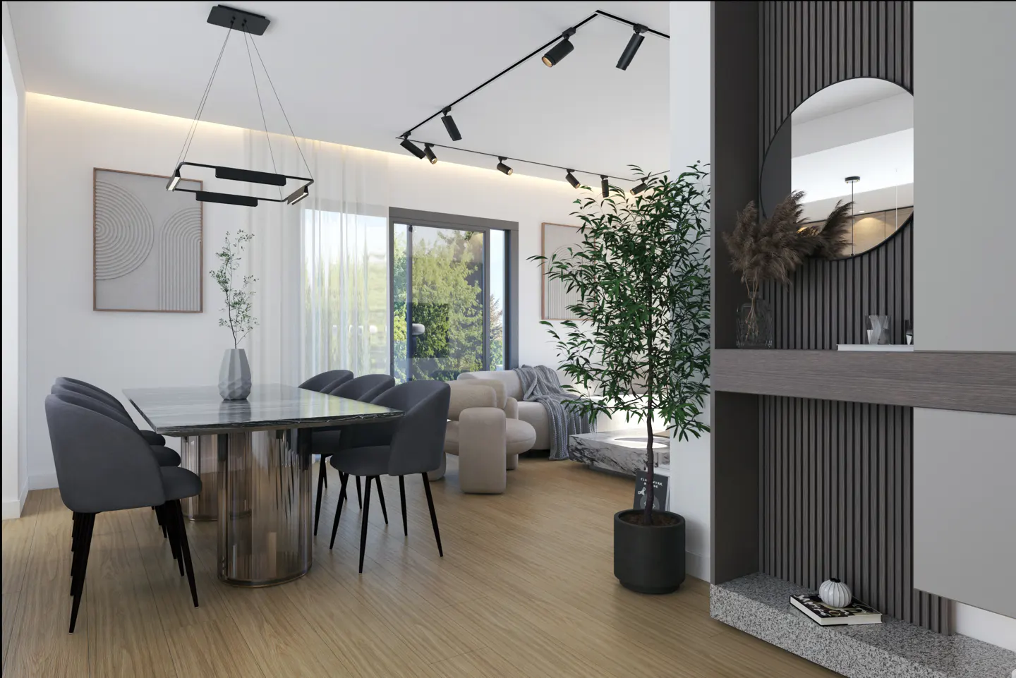 A modern living and dining area with gray chairs, a marble table, and a decorative fireplace. Track lighting and a large window add brightness.