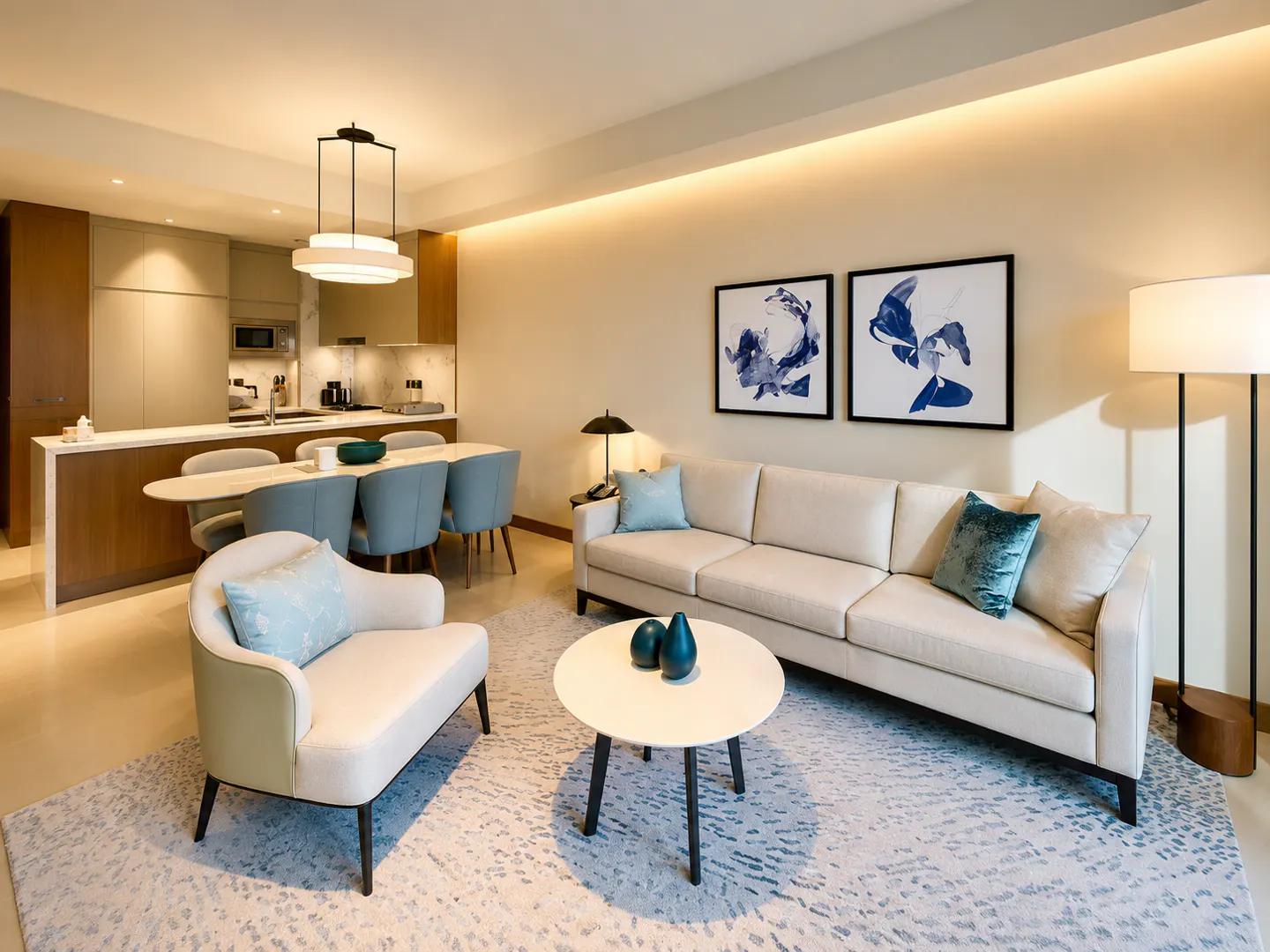 A modern living room with a white sofa, blue accents, and an open kitchen in the background.