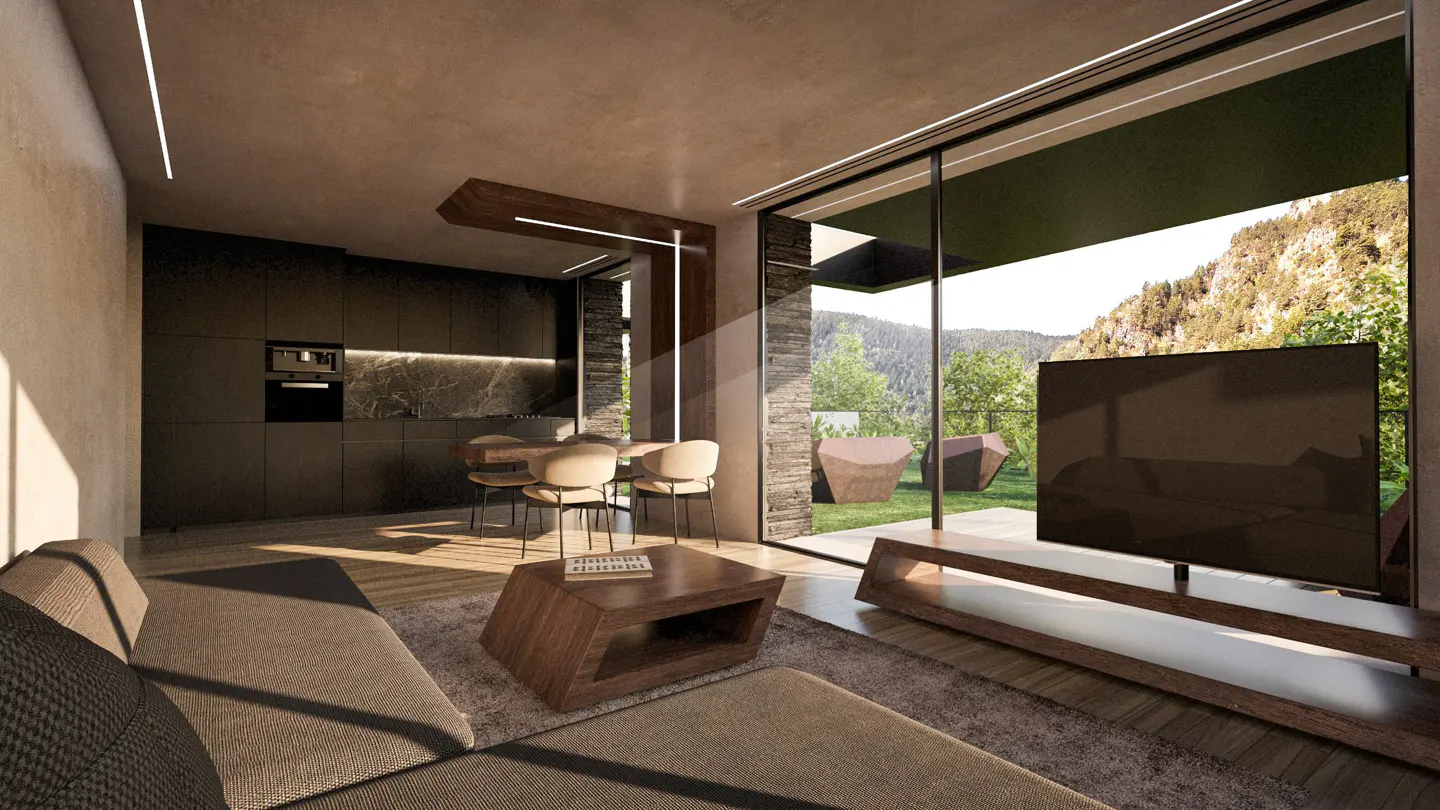 Modern living room with a gray sofa, wood coffee table, and TV. A black kitchen is in the background, with a view of mountains through a large window.