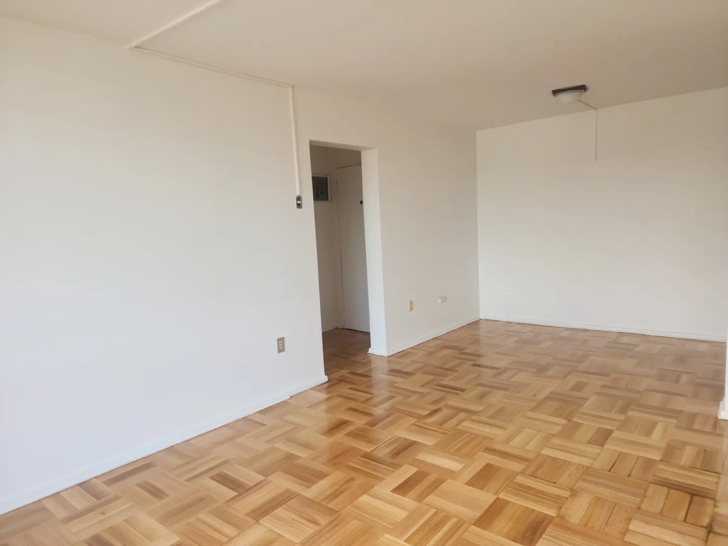 Empty room with parquet wood floors and white walls. A doorway is visible in the background.