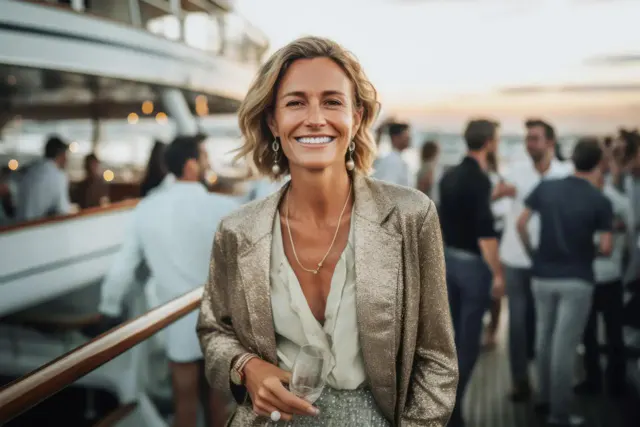 Woman smiling while holding a glass at an outdoor gathering