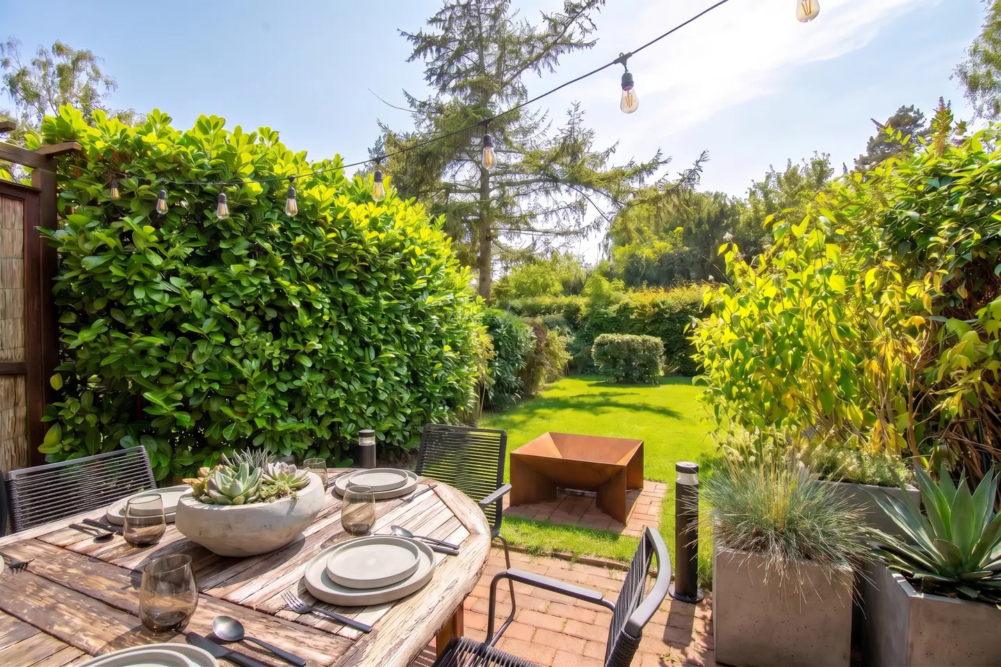 Outdoor patio with a wooden dining table, succulent centerpiece, and string lights overlooking a lush green backyard.