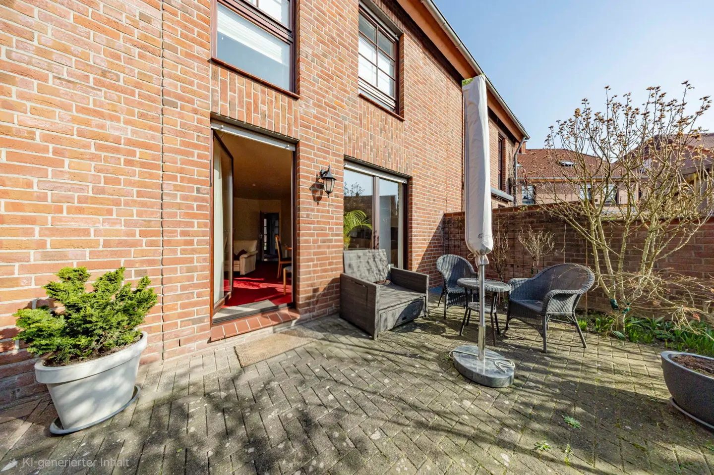 Brick house with patio featuring wicker furniture, a covered umbrella, and an open door revealing a red rug inside.