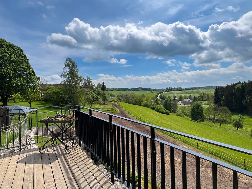 View from a wooden deck with black railings overlooking a green field under a blue sky with white clouds.