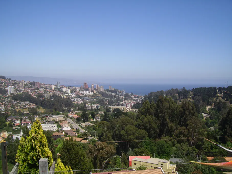 Cityscape view with tall buildings, houses, and green trees under a clear blue sky, with the ocean visible in the distance.