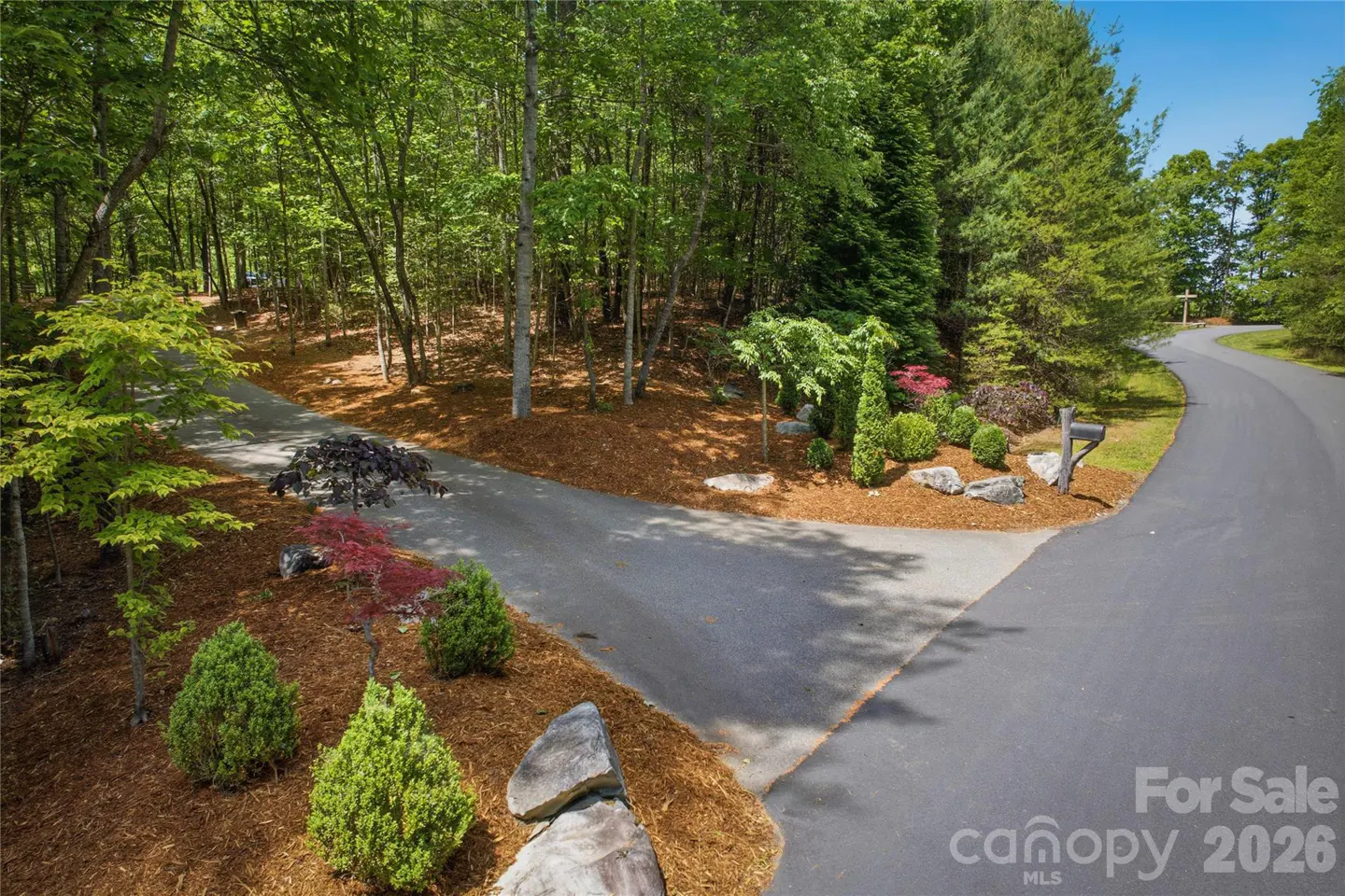 A black asphalt driveway splits in front of a wooded lot with green trees and bushes. Mulch and rocks decorate the landscape.