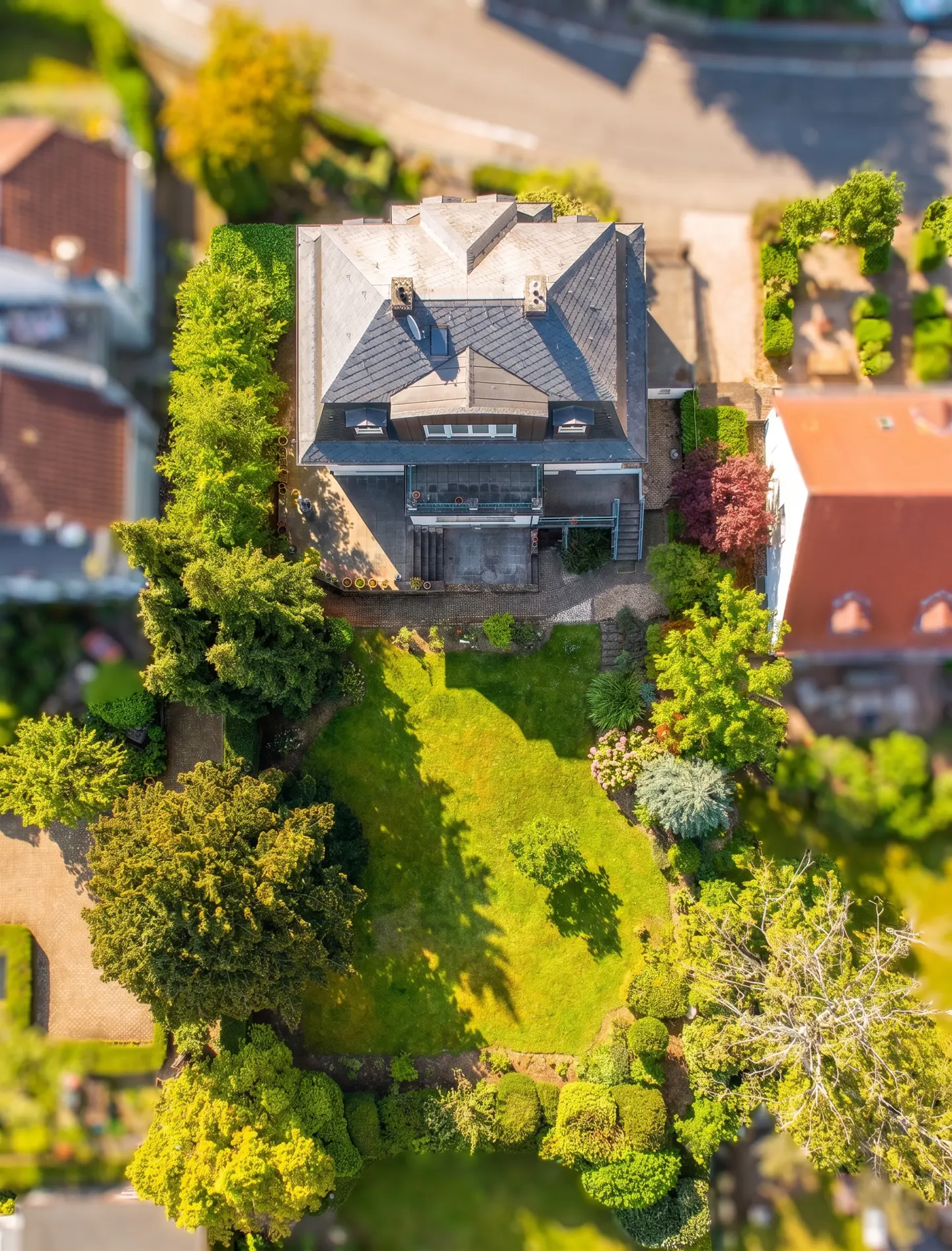 Aerial view of a dark brown house with a gray roof, surrounded by lush green trees and a well-manicured lawn.