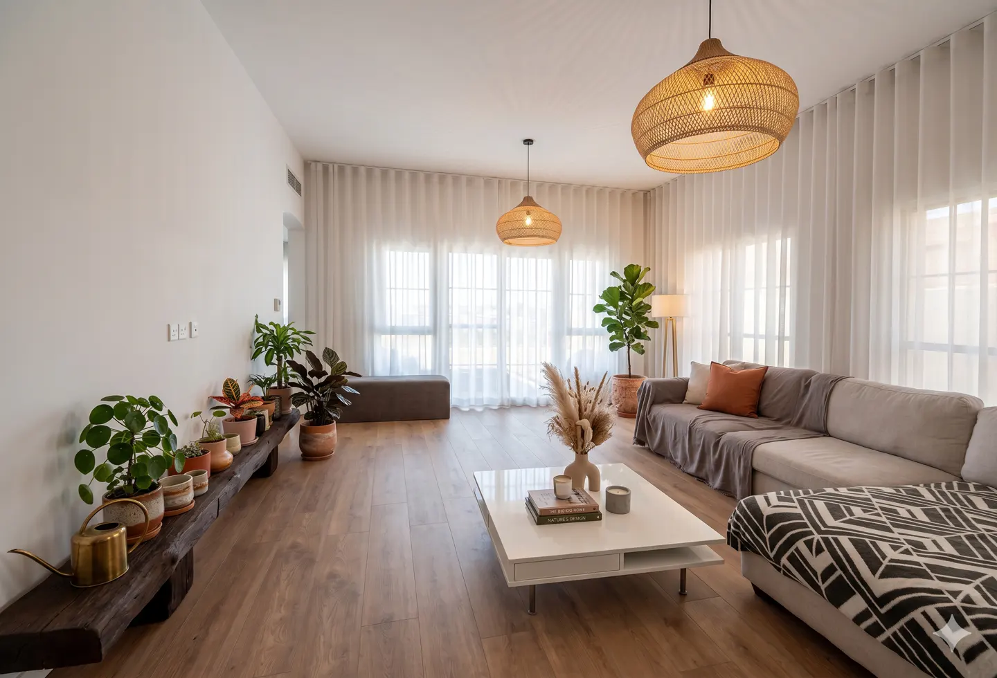Bright living room with wood floors, white walls, and sheer curtains. A gray sofa, white table, and potted plants add warmth. Wicker pendant lights hang above.
