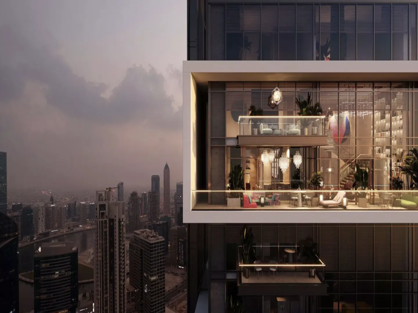 Exterior view of a modern, multi-story penthouse with glass walls and balconies overlooking a cityscape at dusk.
