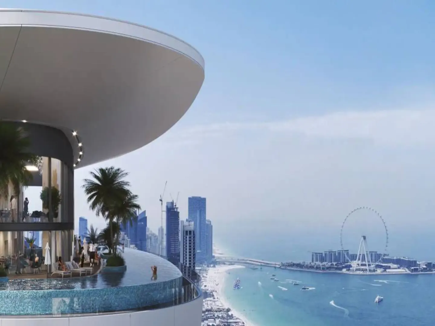 Rooftop pool with city and ocean views. Palm trees, lounge chairs, and people visible. The Ain Dubai ferris wheel is in the distance.
