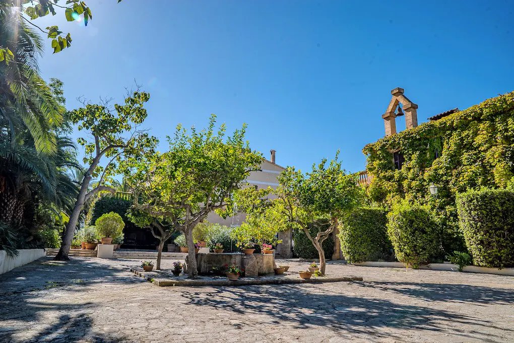 Courtyard with stone fountain, trees, and ivy-covered building under a clear blue sky. Palm trees and potted plants add to the lush, green landscape.