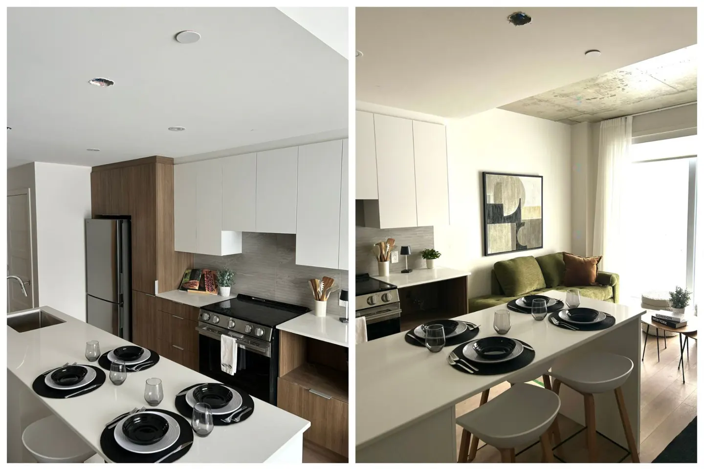 Two-panel view of a modern condo kitchen and living area. The kitchen has white cabinets, stainless steel appliances, and a white countertop island with place settings. The living area has a green sofa and a concrete ceiling.