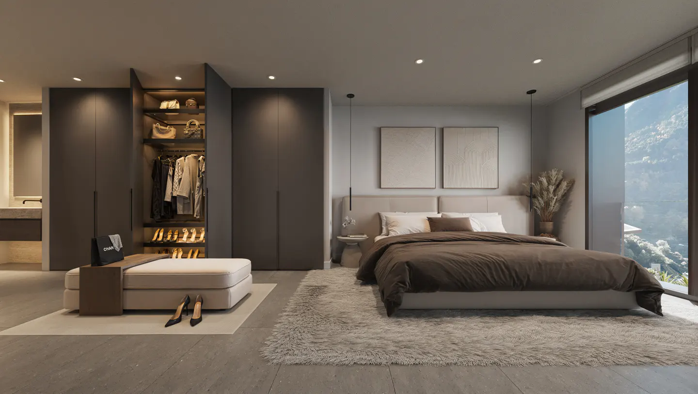 A modern bedroom with a large bed, a walk-in closet, and a view of the mountains. The room is decorated in neutral colors, with a brown bedspread and a white rug.