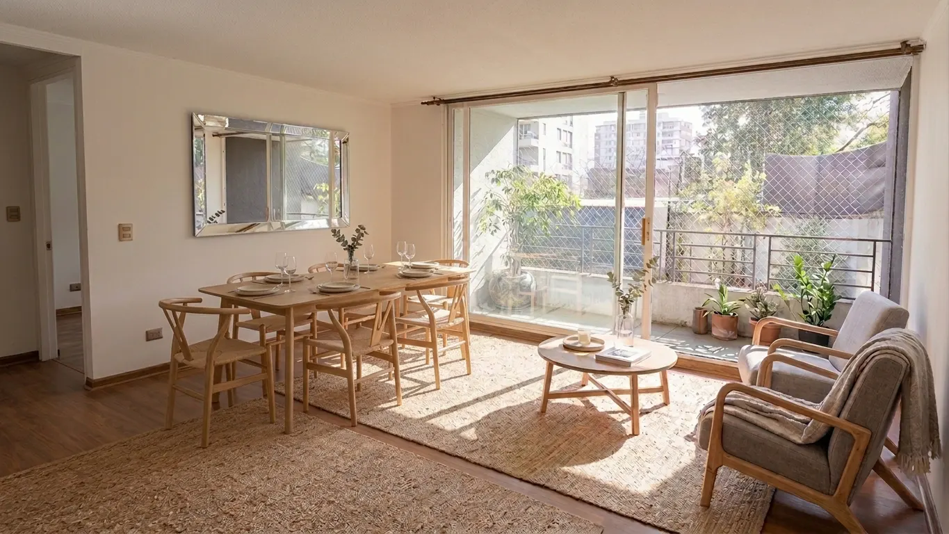 Bright dining room with a wooden table set for six, light wood chairs, and a jute rug. Sliding glass doors lead to a balcony with chairs and plants.