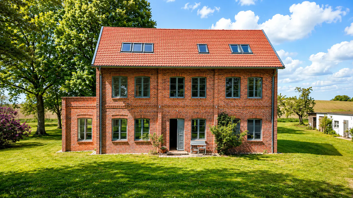 A two-story red brick house with a tiled roof, attic windows, and a green lawn under a bright blue sky with clouds.