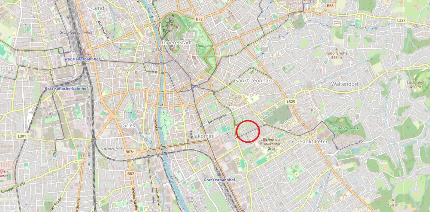 Map of Graz, Austria, with a red circle highlighting an area near the Technische Universität Graz.