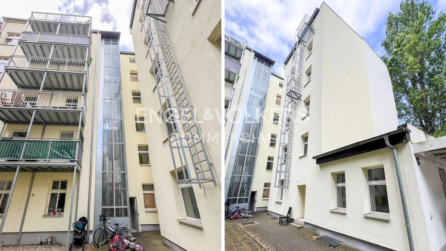 Two-panel image of a building's courtyard with balconies, a glass elevator shaft, and a metal fire escape ladder. The building is light yellow.