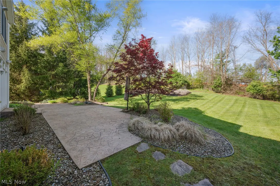 A backyard with a stone patio, green grass, and a red maple tree under a blue sky.