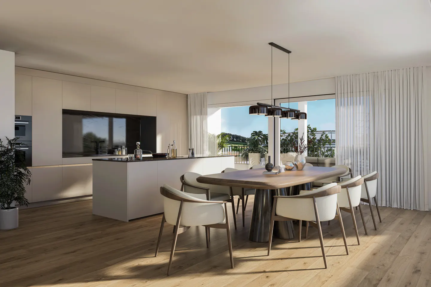 Open-concept kitchen and dining area with wood floors, white cabinets, island, and a large wood table with white chairs. Balcony view.