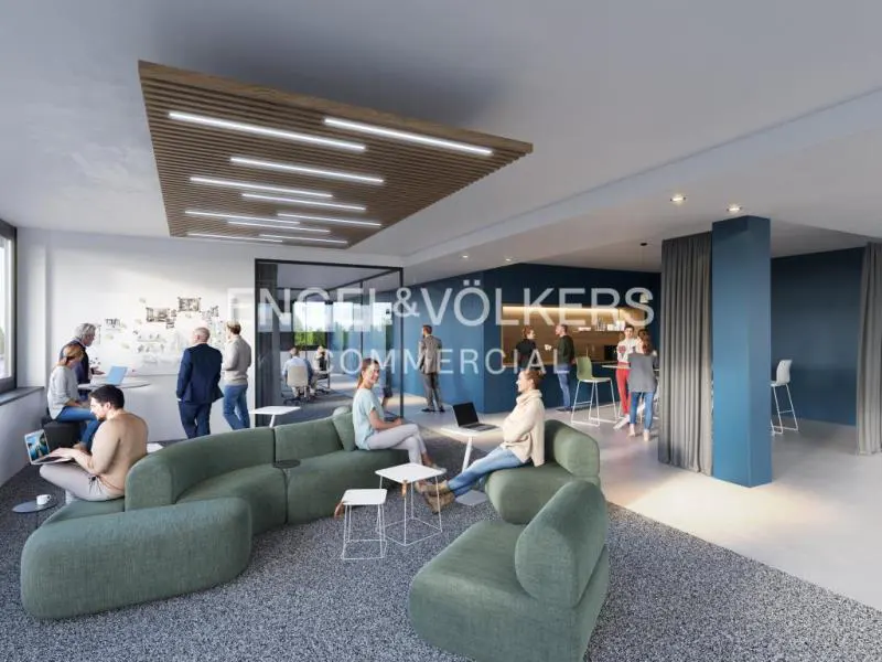 Office space with people working. A green sofa sits on a gray carpet. A wood ceiling has white lights. Engel & Völkers logo is visible.