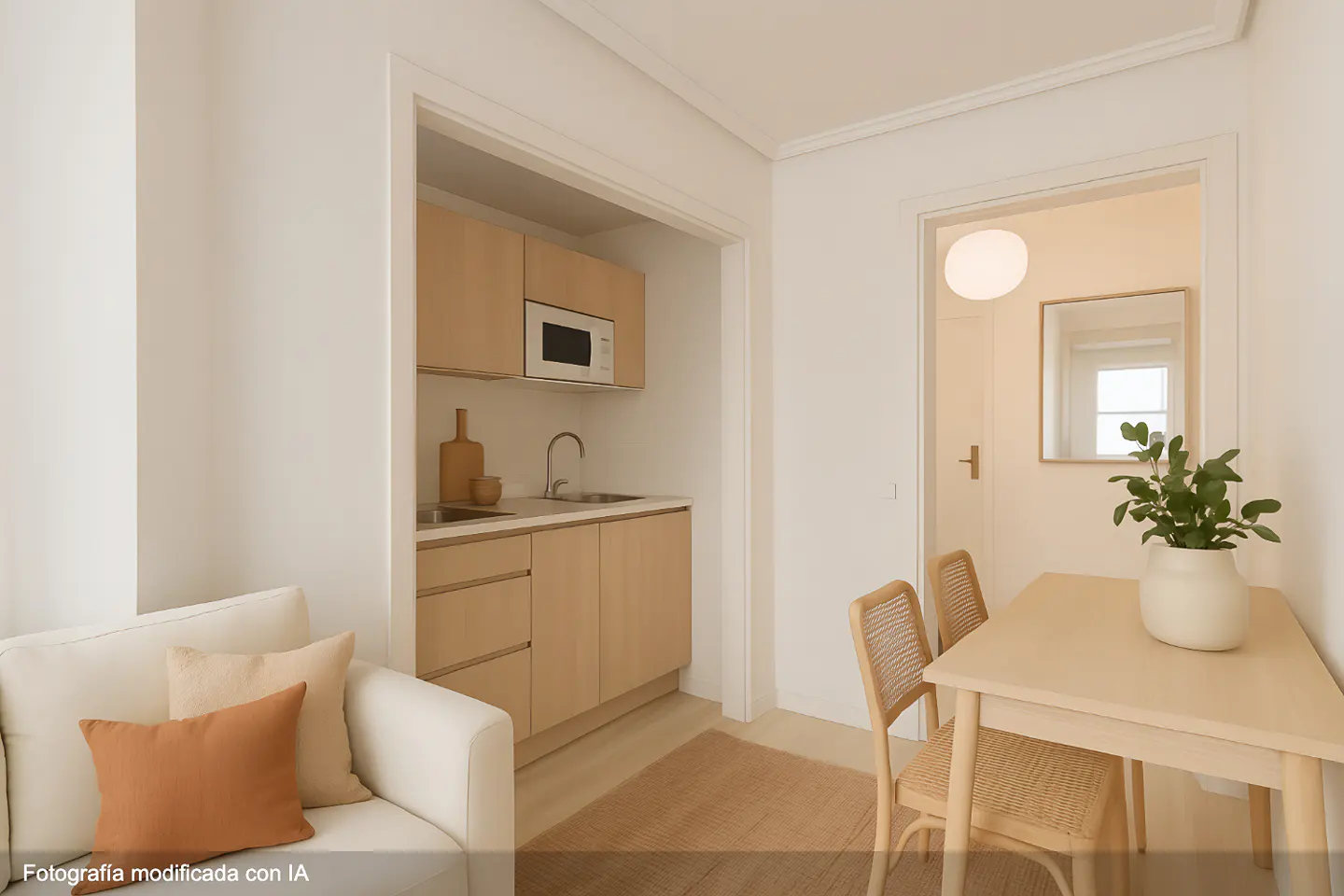 Bright, modern apartment interior with a small kitchen, dining table with two chairs, and a white sofa with pillows.