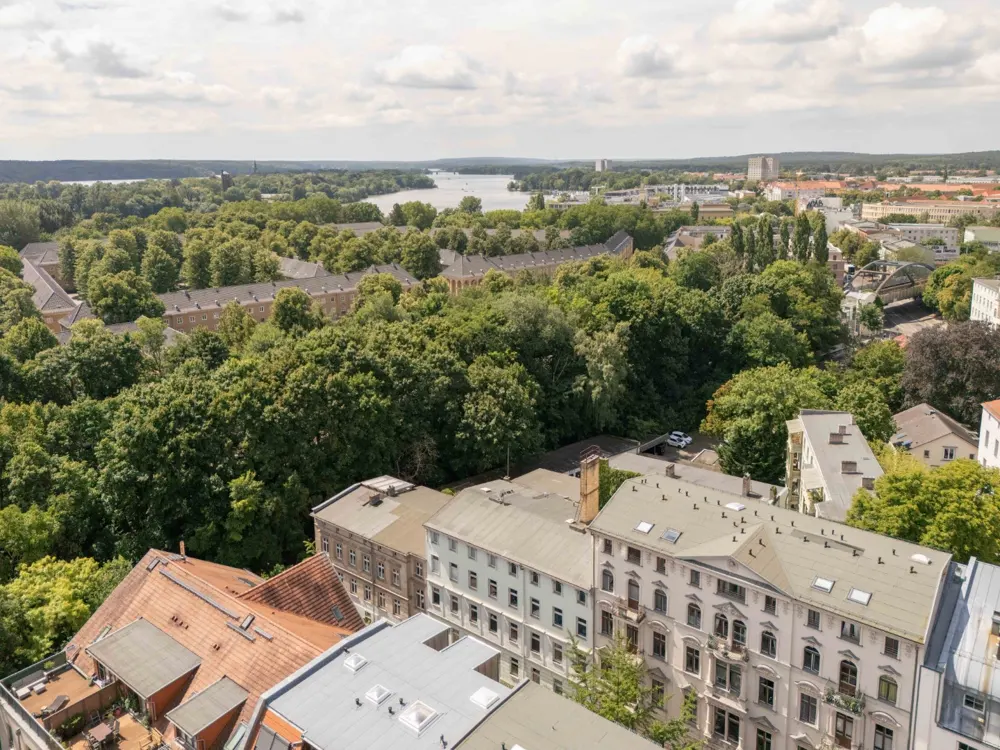 Aerial view of a city with trees, buildings, and a river in the background on a cloudy day.