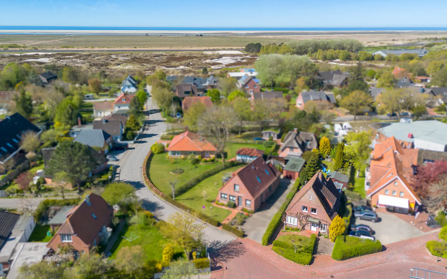 Aerial view of a quaint village with red-roofed houses, green trees, and a distant ocean under a clear blue sky.