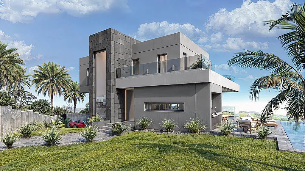 Modern two-story gray house with stone accents, palm trees, and a blue sky. A red car is parked in the driveway.