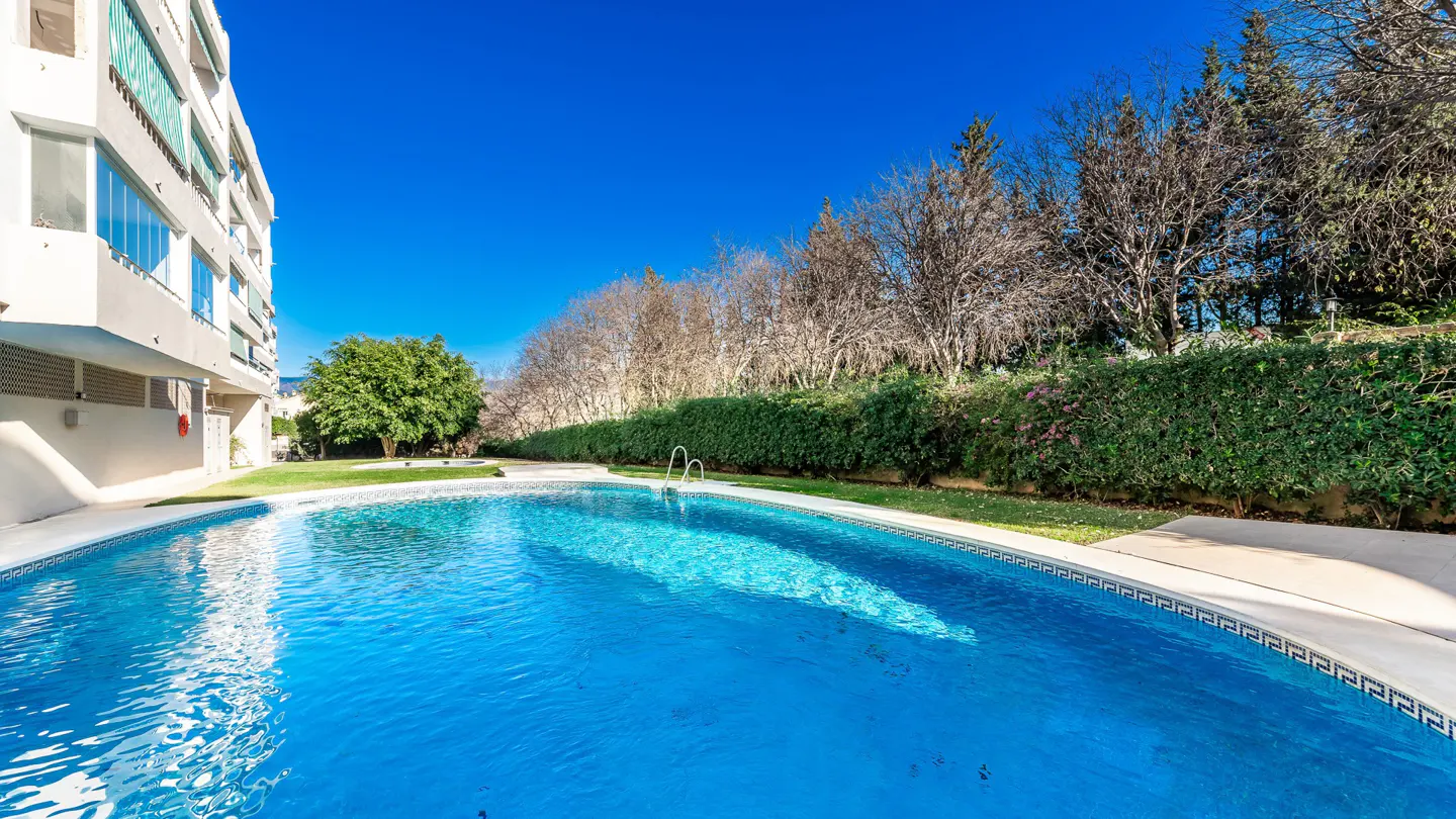 A bright blue swimming pool sits beside a building and green trees under a clear blue sky.