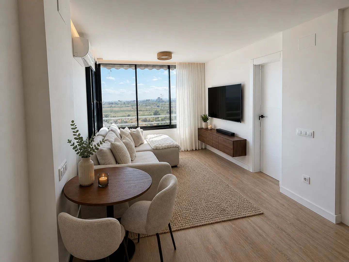 Bright living room with a beige sectional sofa, round table with two chairs, and a large window with a view.