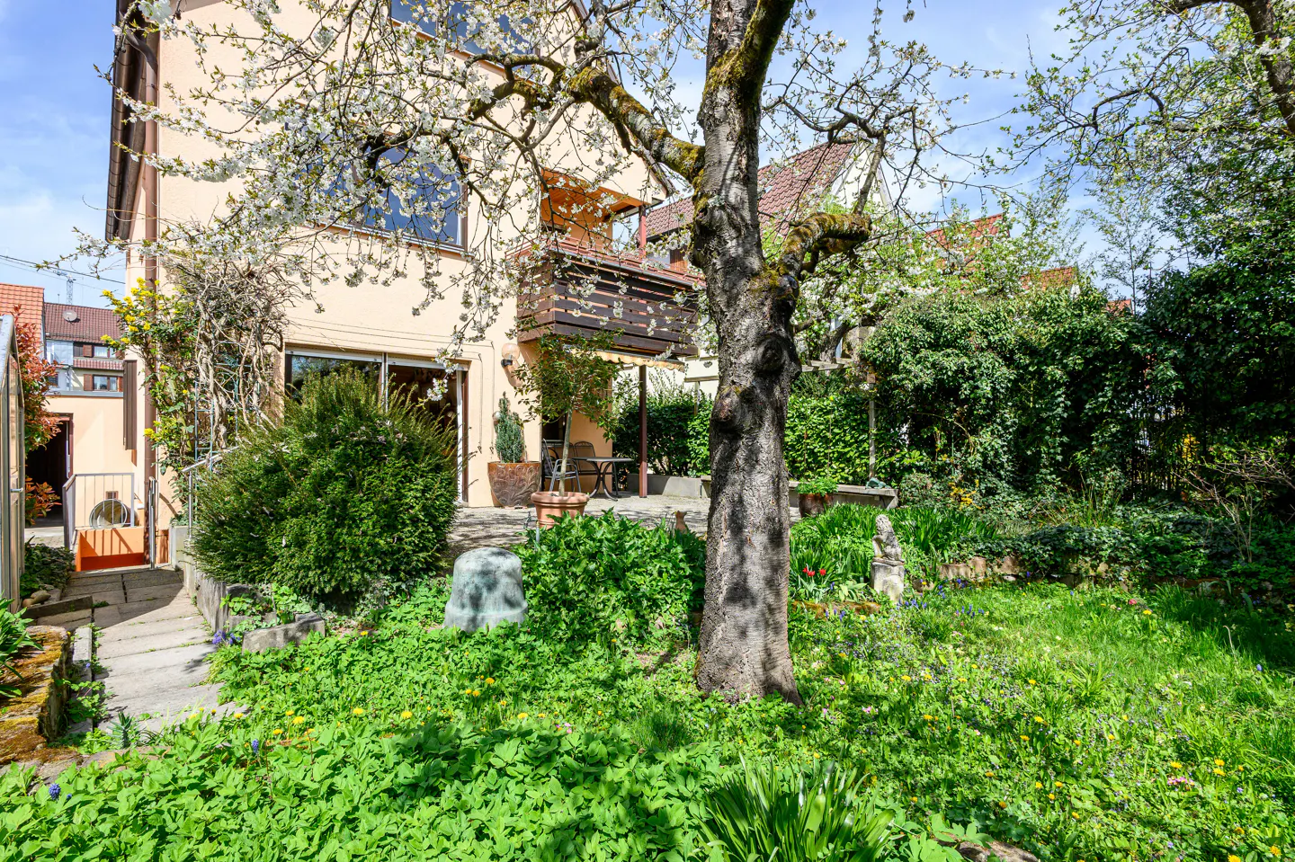 Backyard view of a peach-colored house with a balcony, lush green lawn, and flowering trees.