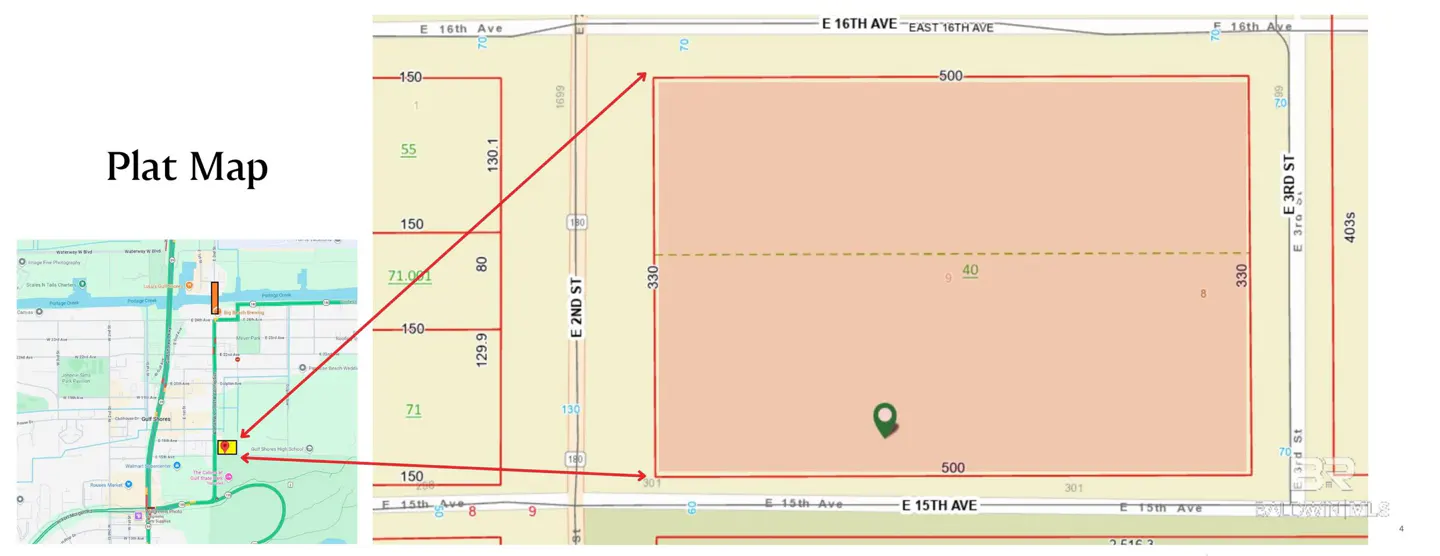 Plat map showing property lines and street names, including E 15th, 16th Ave, and 2nd and 3rd St. A green marker indicates a specific location.