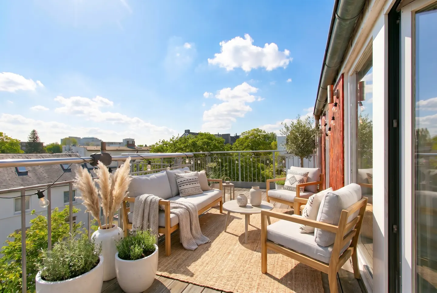 Outdoor balcony with a wooden sofa, two chairs, and a small table on a jute rug. Potted plants and string lights add to the cozy atmosphere.